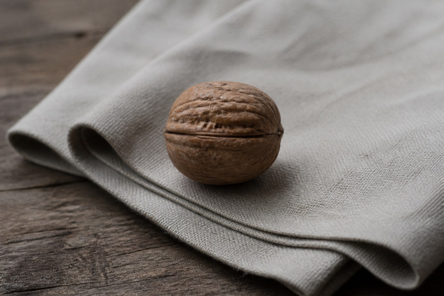 A walnut shell closed with its two halves fitted back together, resting on folded cloth