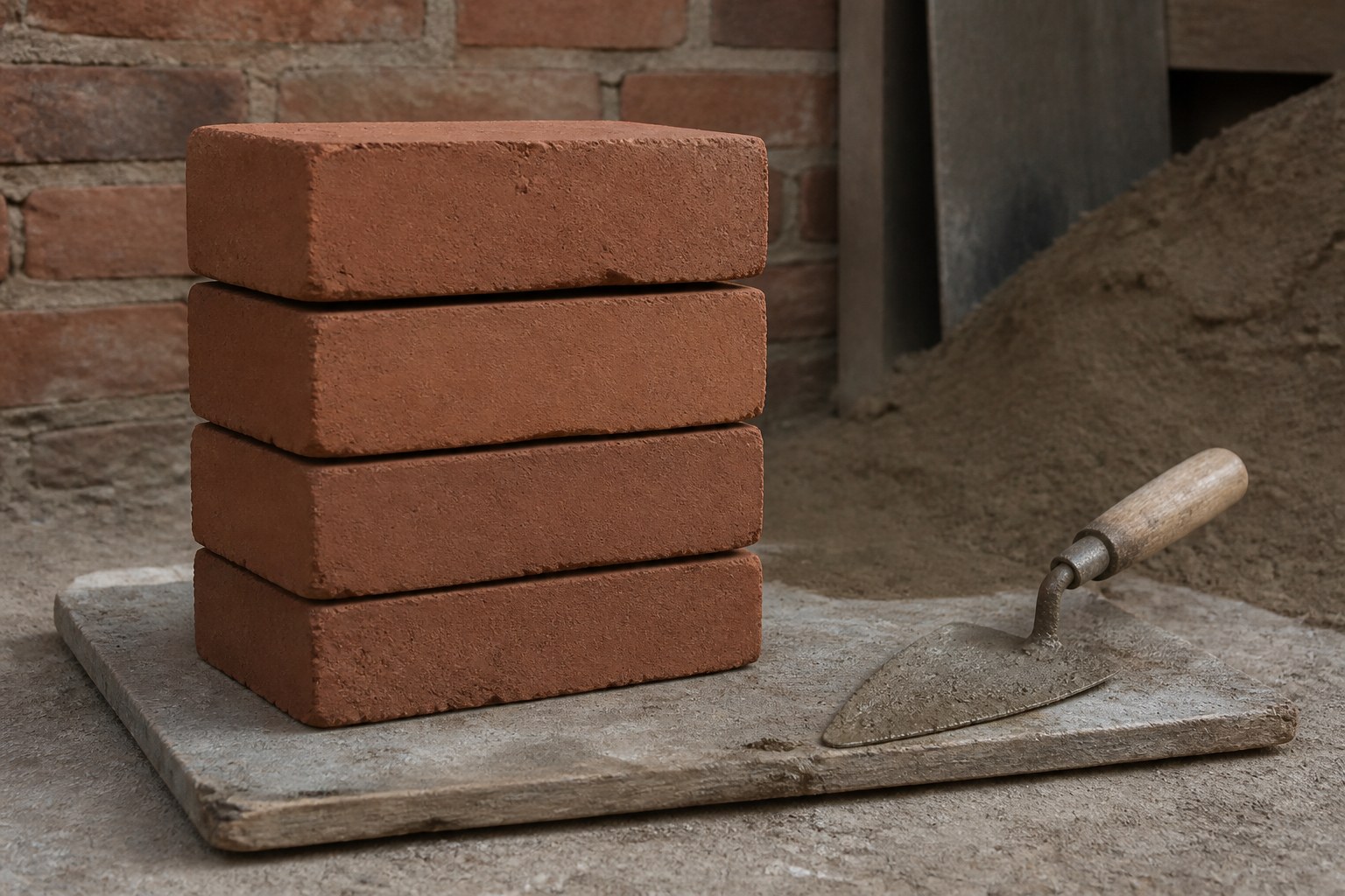 Clay bricks stacked square on a mortar board beside a trowel
