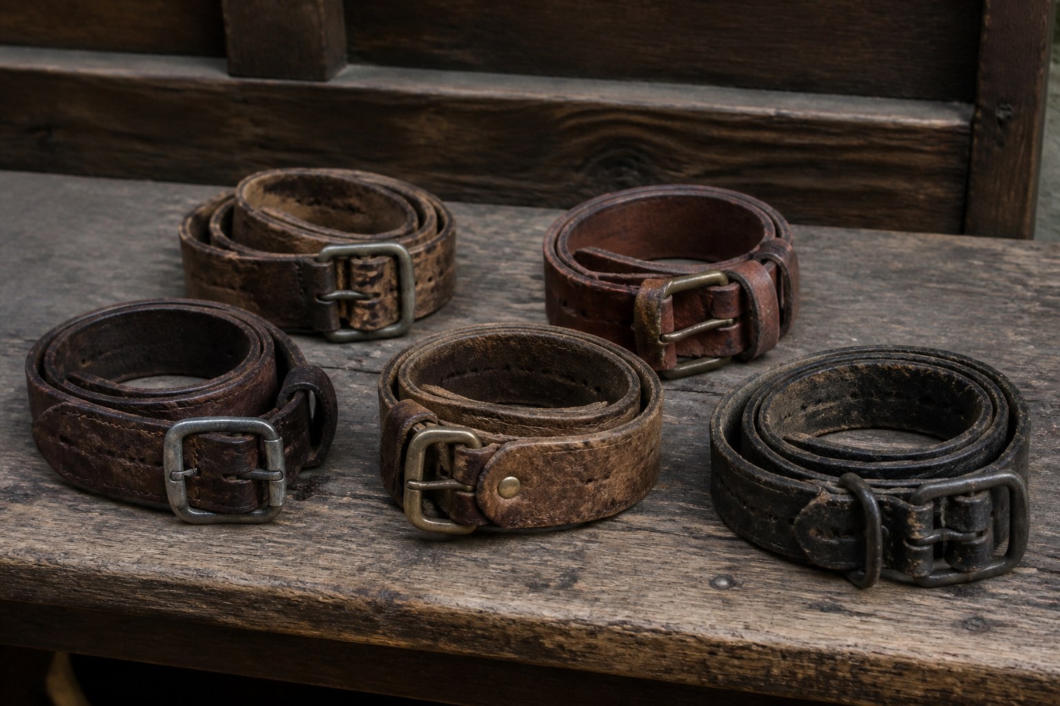 Worn leather luggage straps coiled loosely on a wooden bench