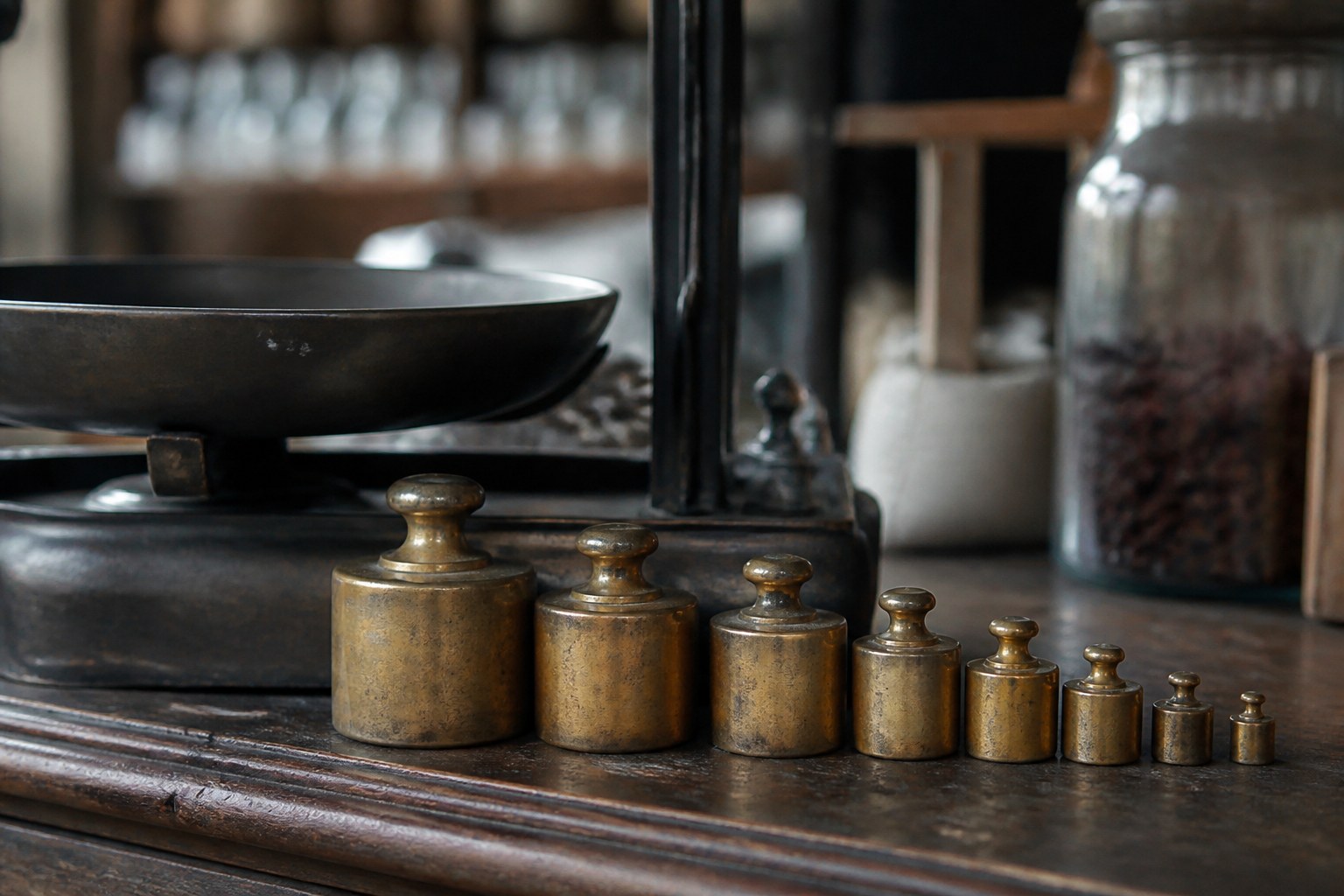 A row of graduated brass weights standing in order on a shop counter beside the empty pan of a balance scale