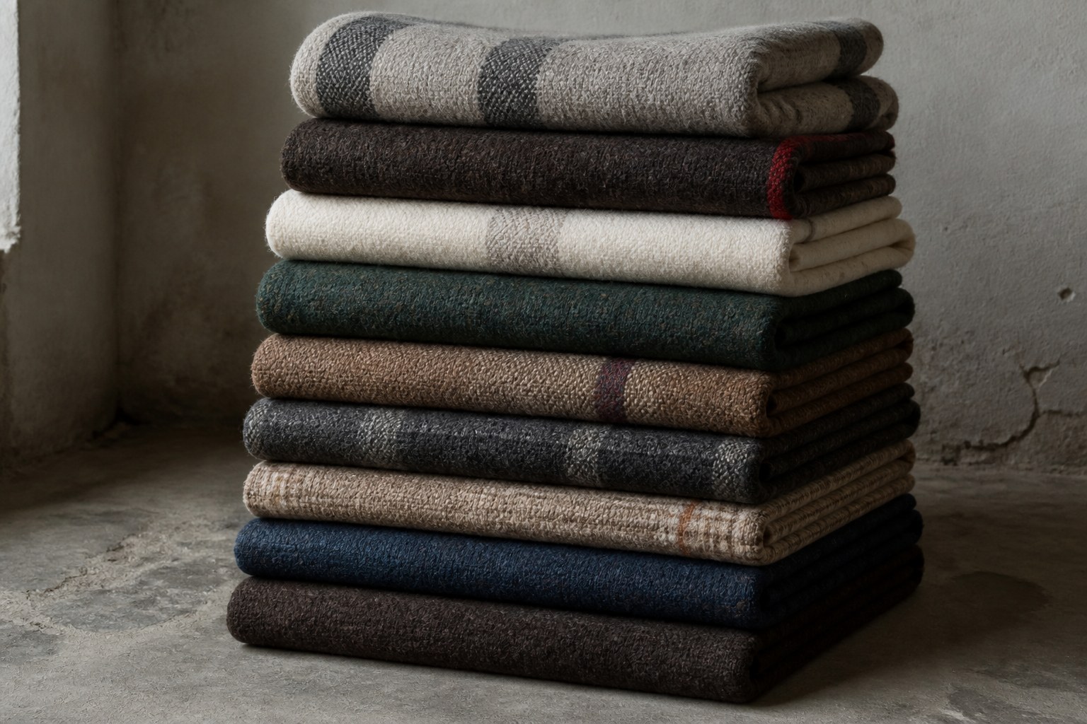 Folded wool blankets stacked in a neat pile on a bare floor