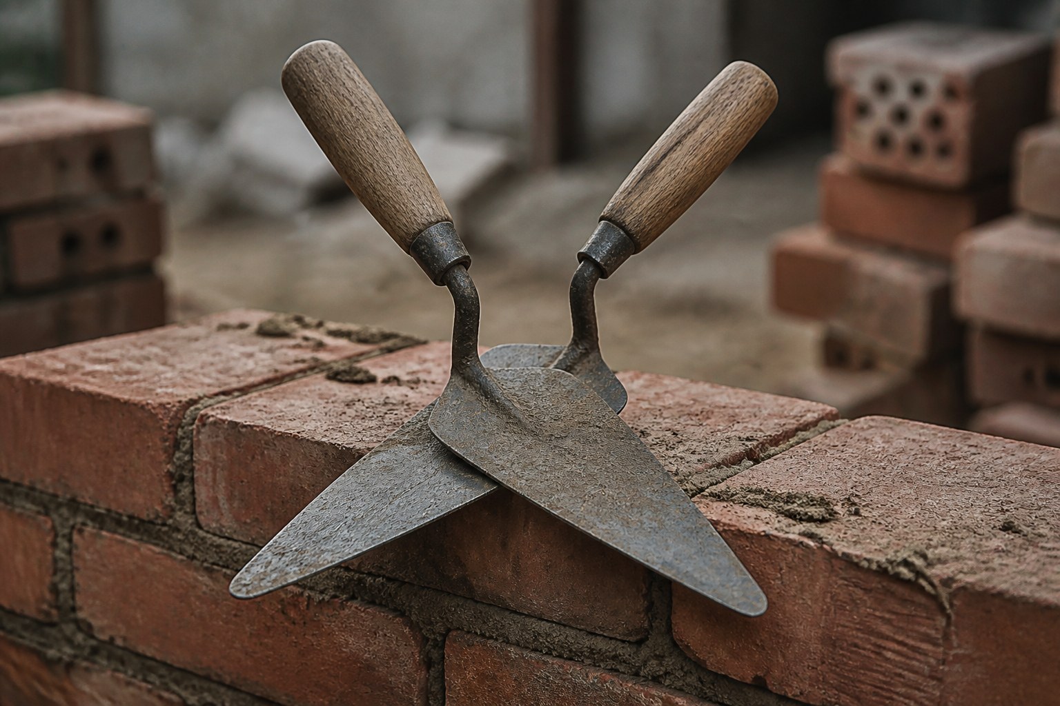 Two matched bricklayer's trowels crossed on a freshly laid course of brickwork