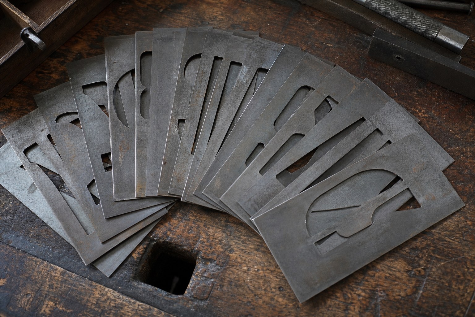 A fan of thin metal alphabet stencil plates spread across a workbench
