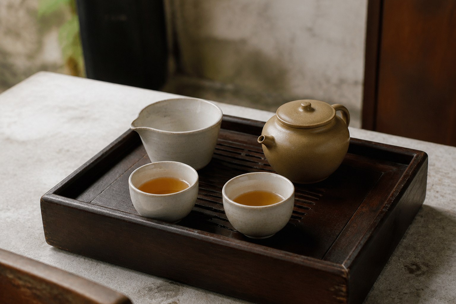 A tea tray with two full cups, one clearly untouched