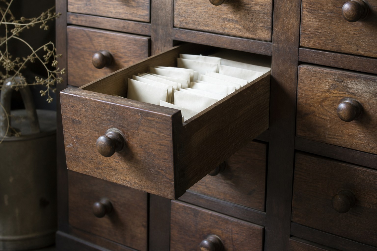 A wooden seed drawer cabinet with one drawer pulled open showing paper packets inside