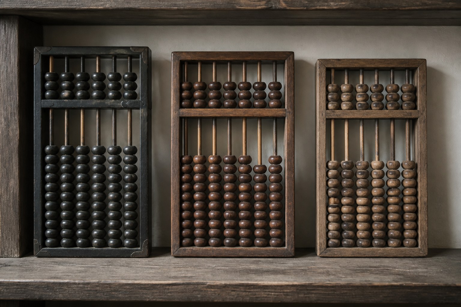Three different wooden abacus frames standing side by side on a shelf