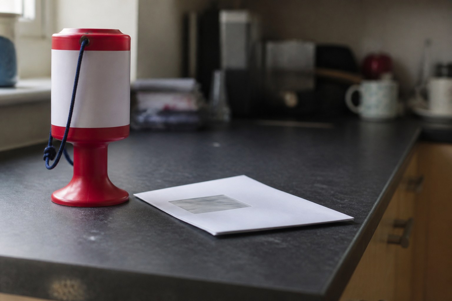 A charity collection tin on a kitchen counter beside an unopened letter