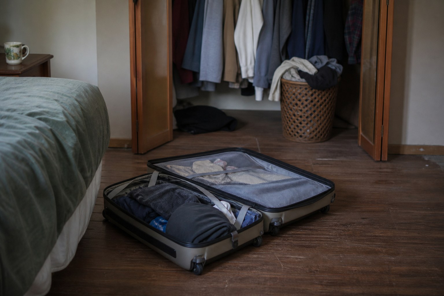 An open suitcase still packed on a bedroom floor beside a full wardrobe
