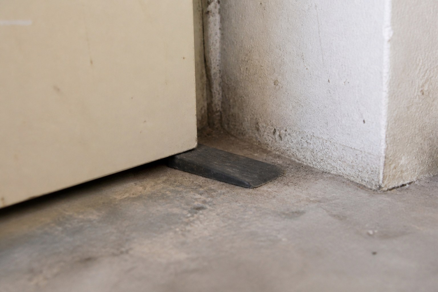 A worn rubber door wedge holding a heavy door open against a wall