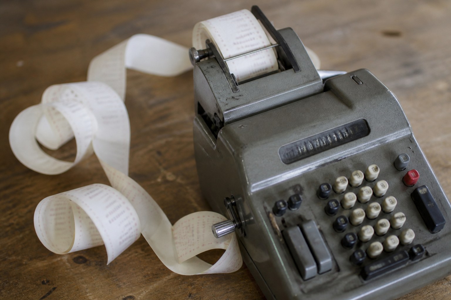 A mechanical adding machine with a curl of printed paper tape running from it
