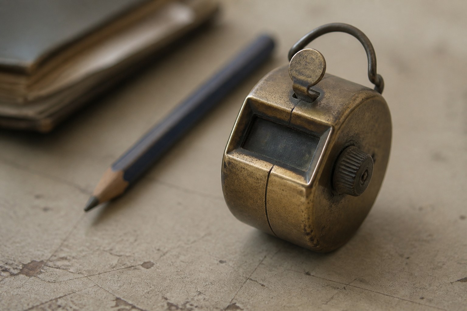 A worn brass hand tally counter resting on a plain desk beside a pencil