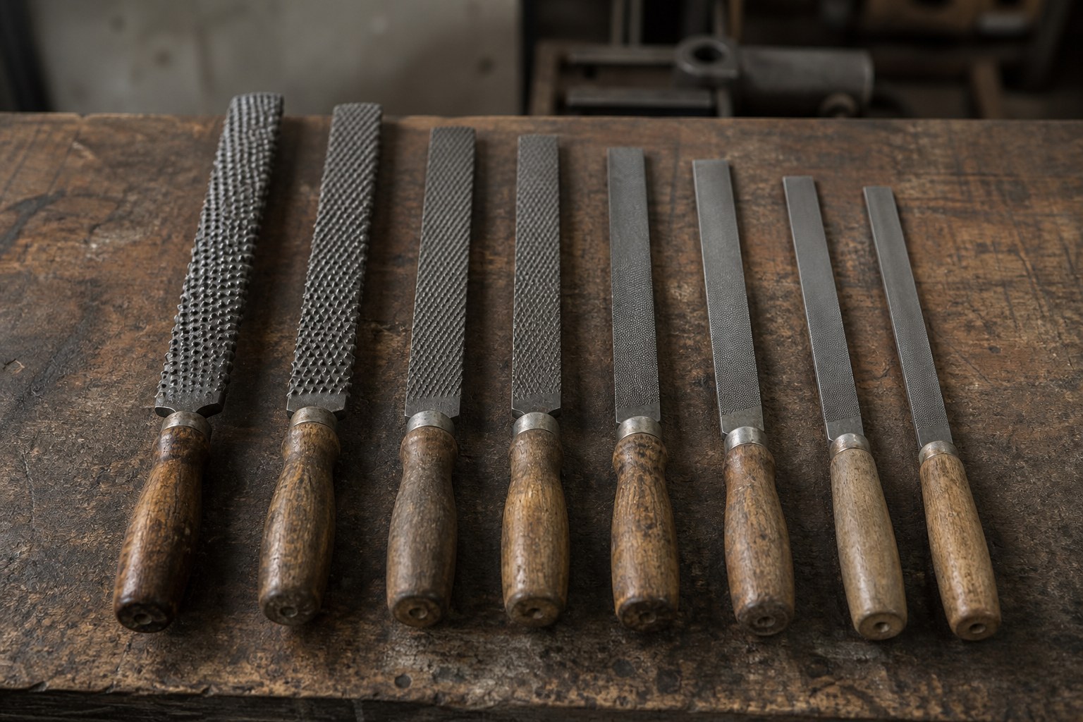 A set of metal hand files laid out in a row on a workbench, graded from a coarse rasp through to a fine smooth file
