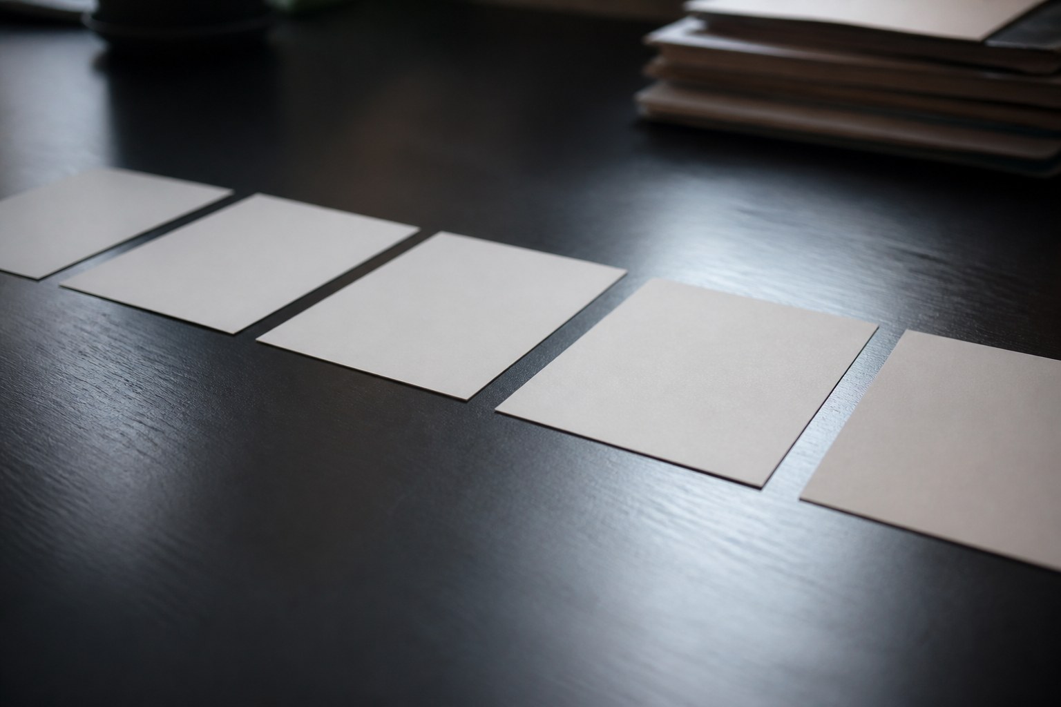 A short row of plain unmarked response cards laid face up in a line on a dark desk