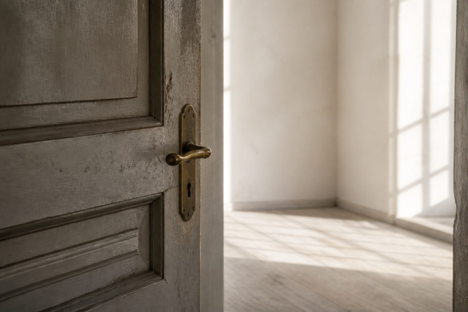 A heavy panelled door standing slightly ajar onto a plain sunlit room, worn brass handle