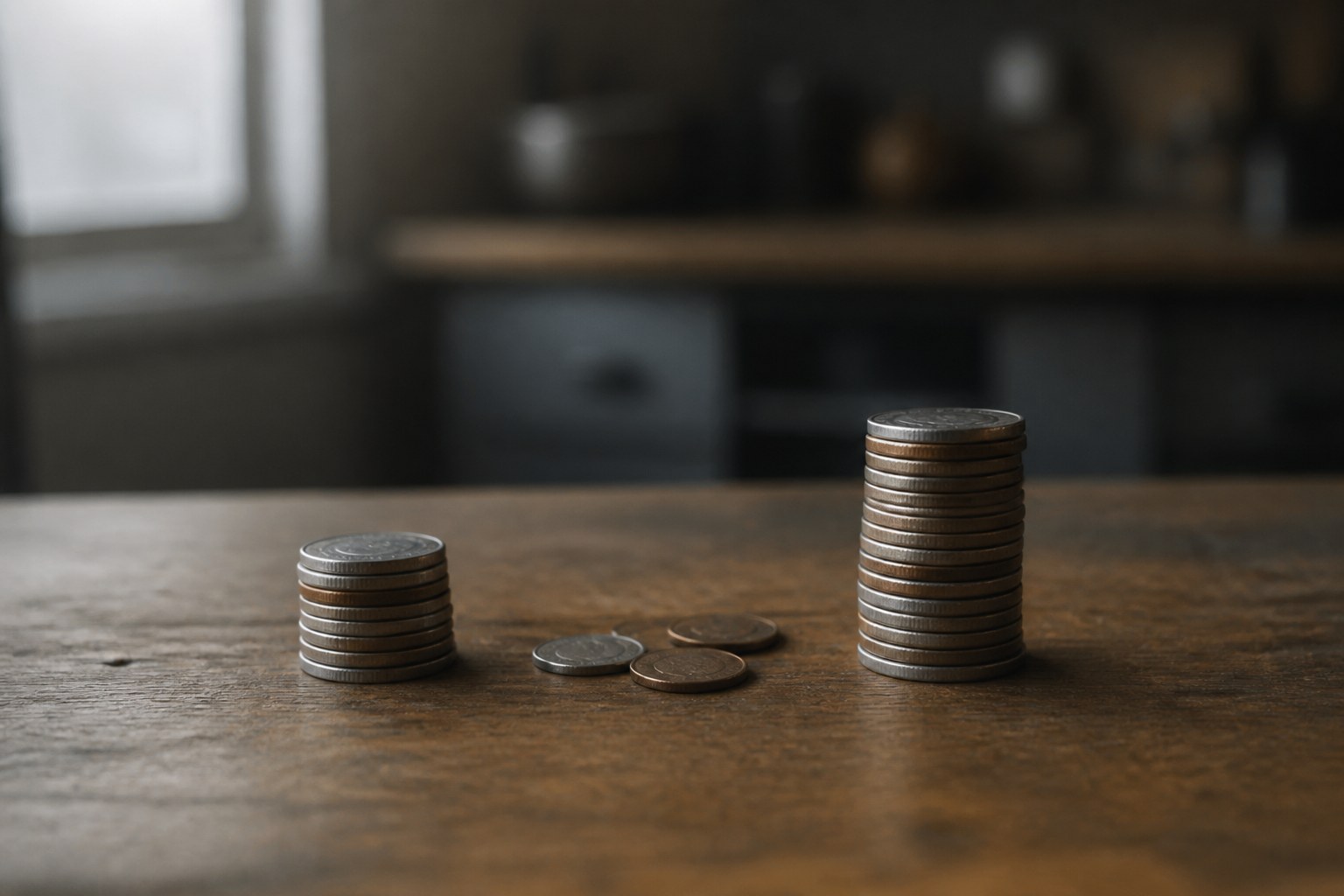 Two small stacks of coins on a wooden counter, one clearly shorter, with a few coins set aside between them