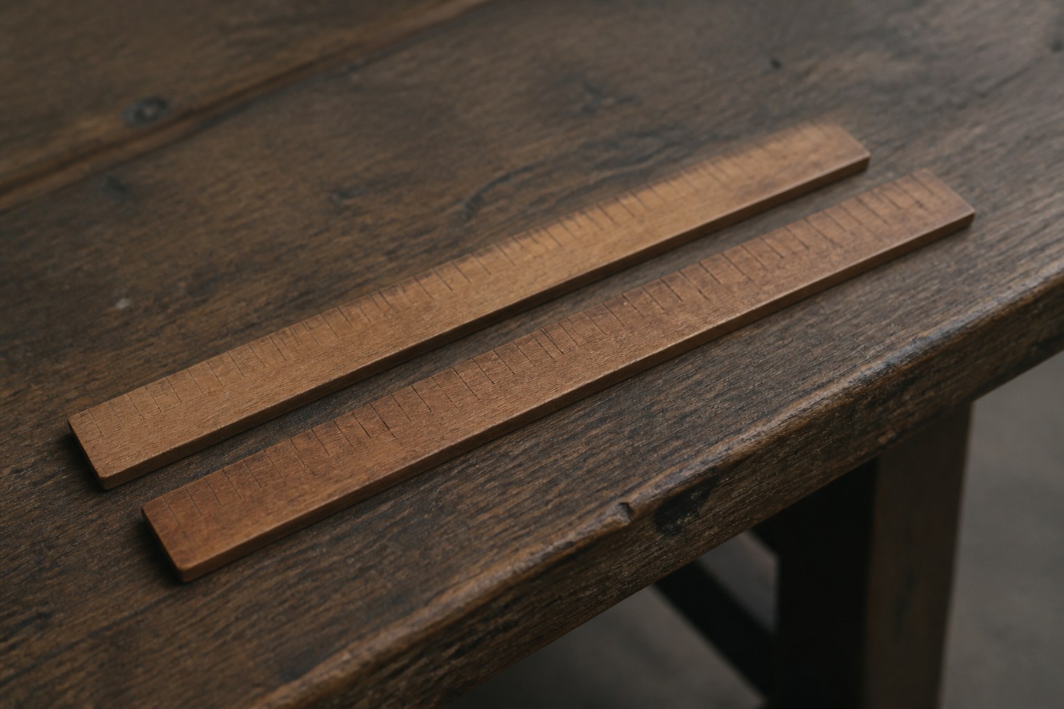 Two identical wooden rulers laid side by side on a bench, offset slightly so their marks do not align