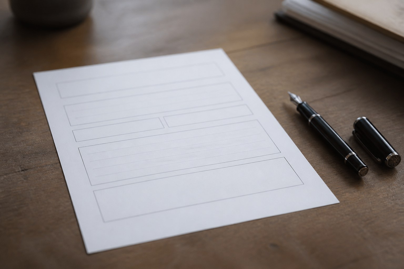 A blank printed form with ruled answer boxes lying on a desk beside an uncapped fountain pen