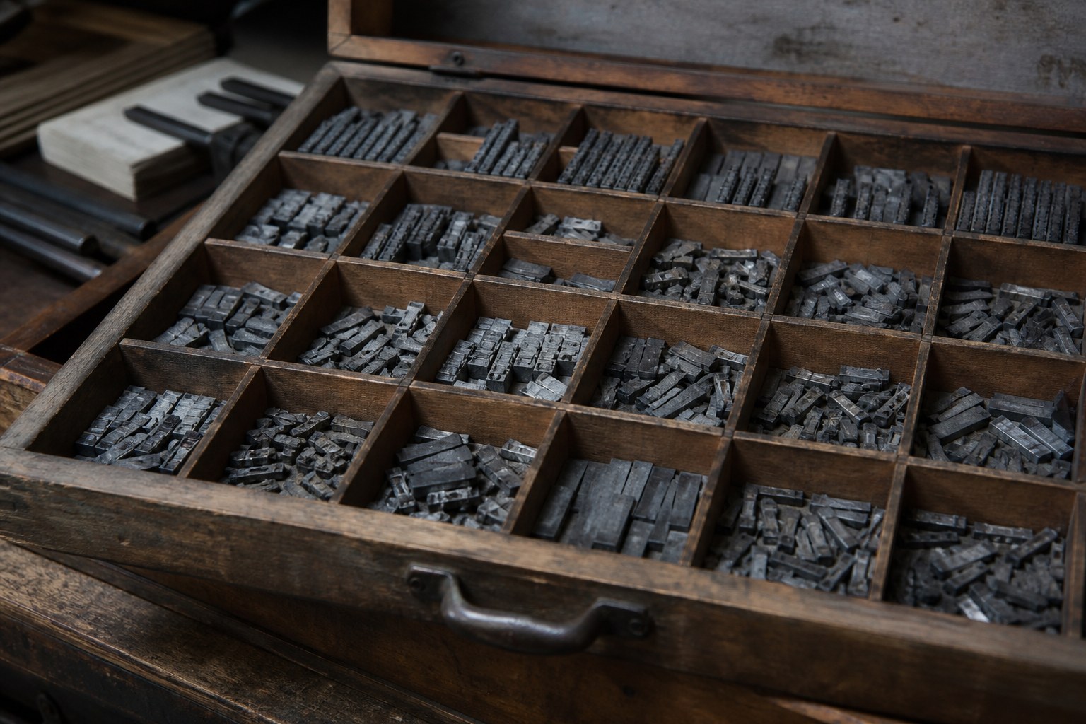 An open printer's type case tray with sorted metal letters filling the small compartments