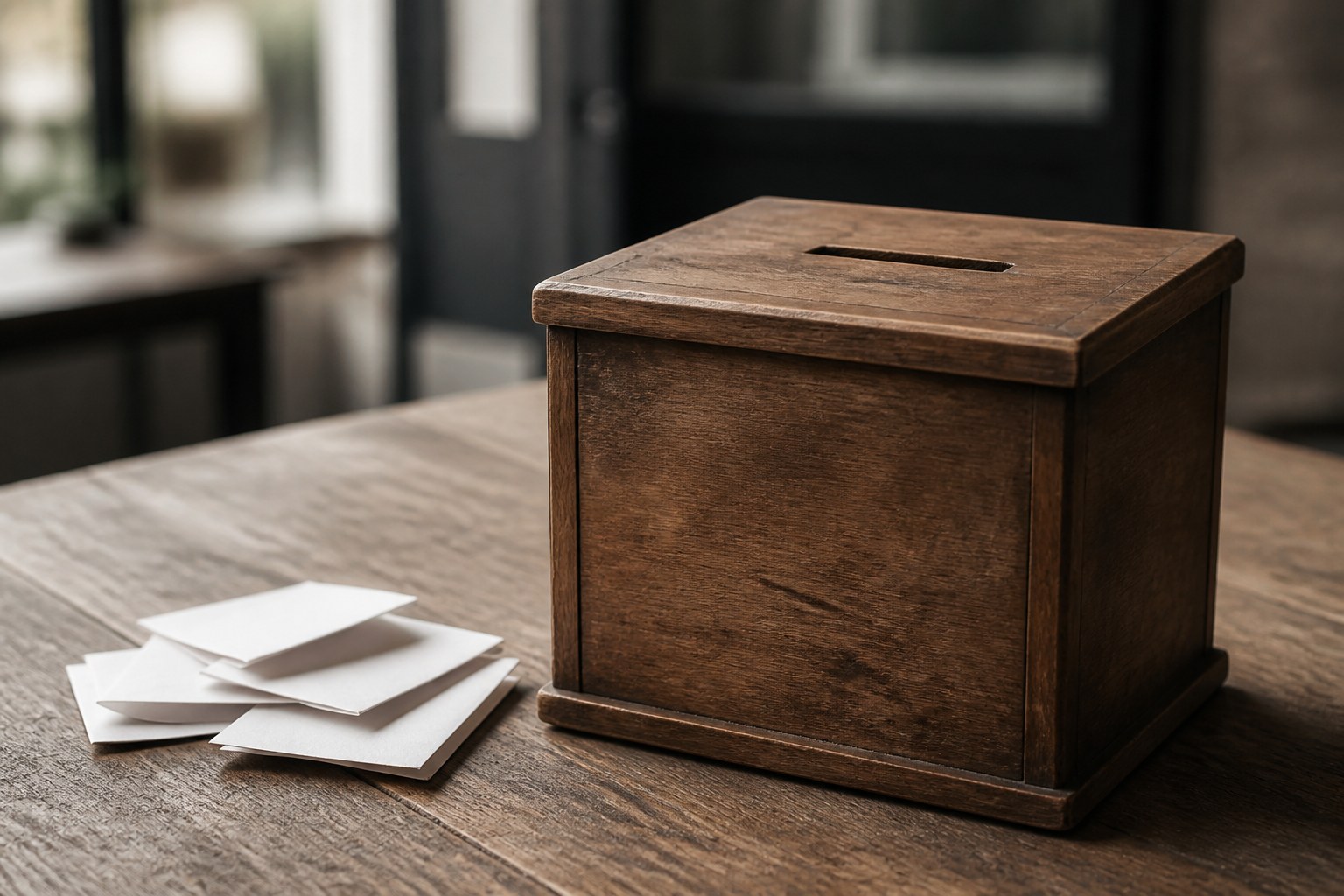 A wooden suggestion box with a slot in its lid standing on a table, several folded blank paper slips beside it