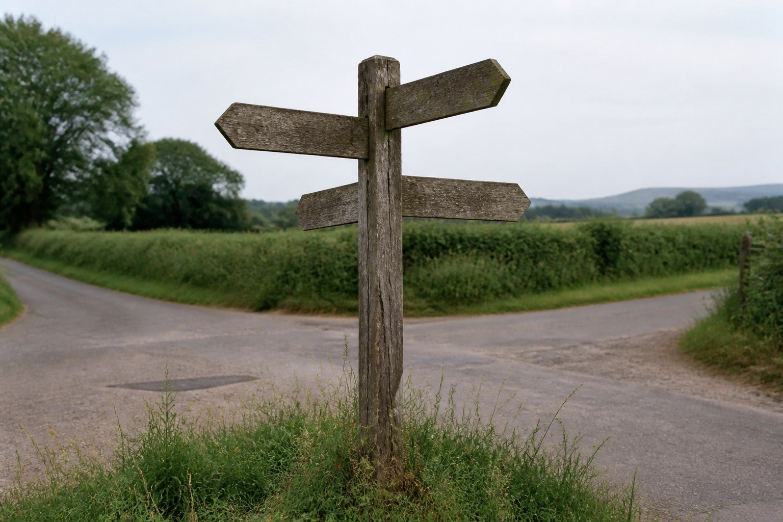 A wooden fingerpost with several arms pointing different ways at a crossroads