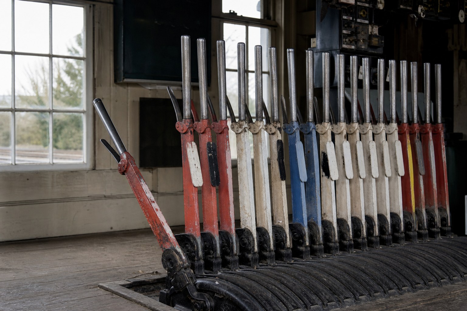 A railway lever frame with one lever pulled forward and the rest upright
