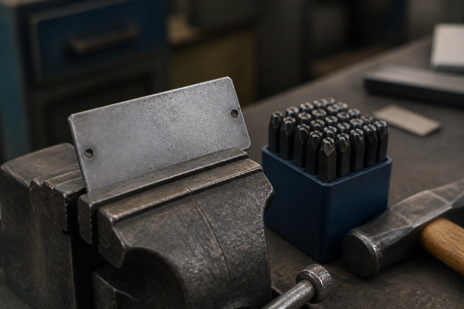 A blank metal name plate clamped in a bench vice beside a set of letter punches and a hammer