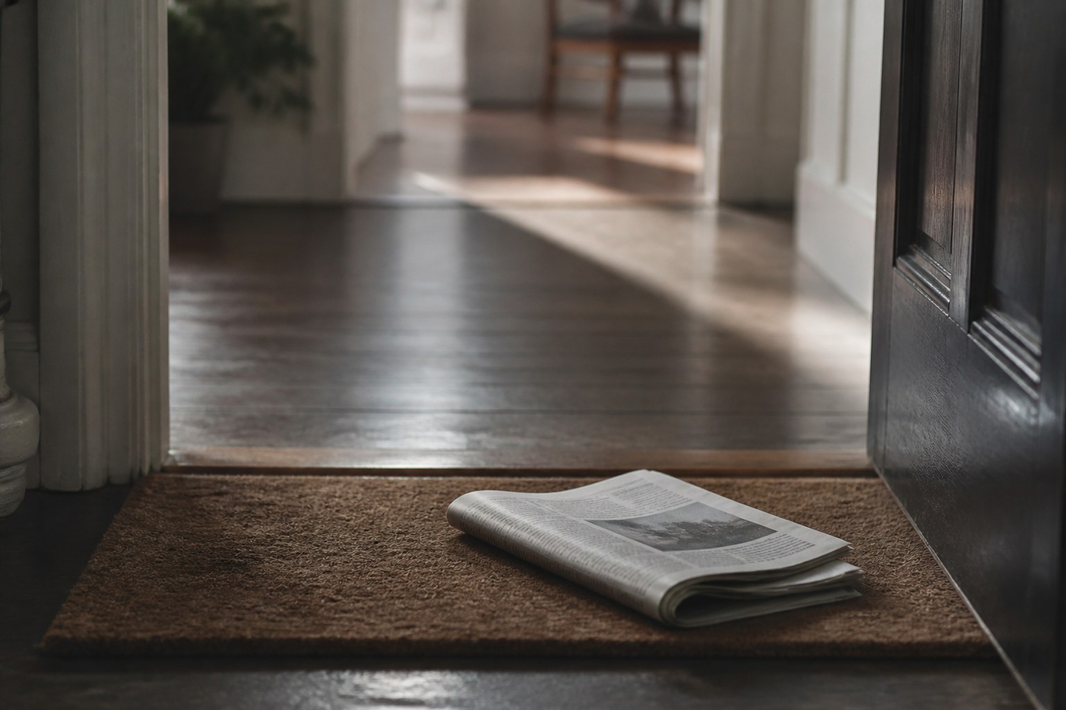 A folded newspaper lying on a doormat just inside a front door, morning light across the hallway floor
