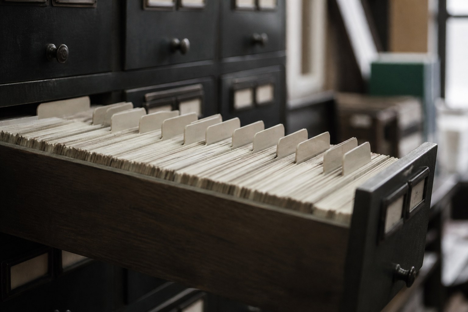 A long card index drawer pulled open, dense cards divided by taller blank tab dividers