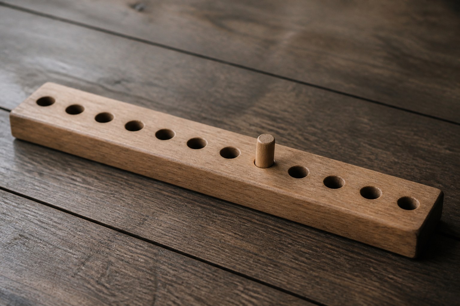 A wooden peg board with twelve holes in a row and a single peg placed in one of them