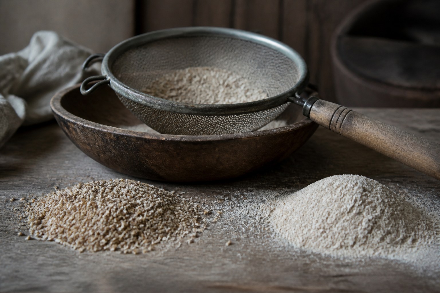 A hand sieve resting on a bowl with grain separated into a coarse pile and a fine pile