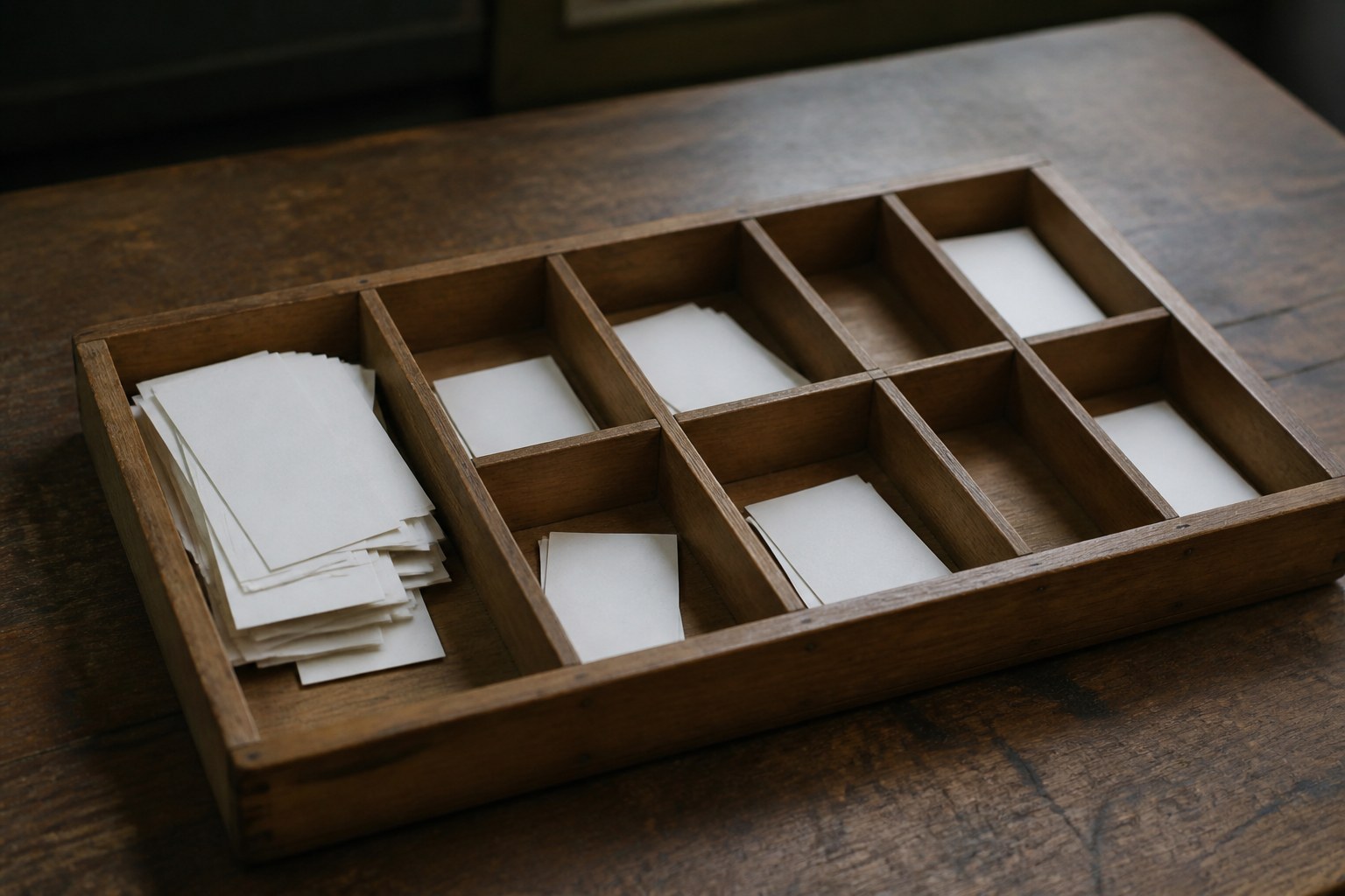 A shallow wooden sorting tray with several compartments, small blank paper slips distributed unevenly between them