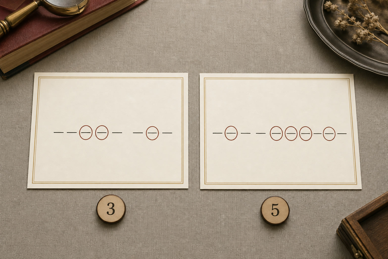 Two name cards with different vowel strings and separate numerology totals