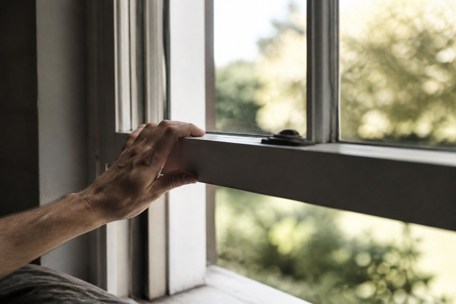 A sash window being pushed open from inside, morning light and a blurred garden beyond