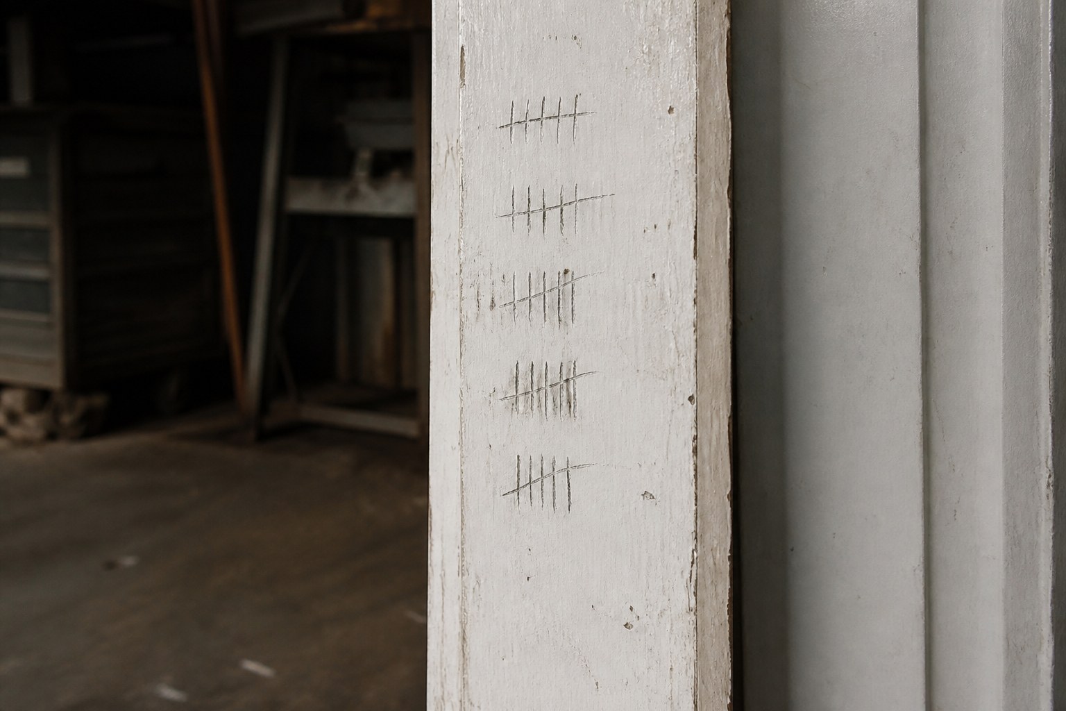 A run of pencil tally marks scored into the edge of a painted doorframe