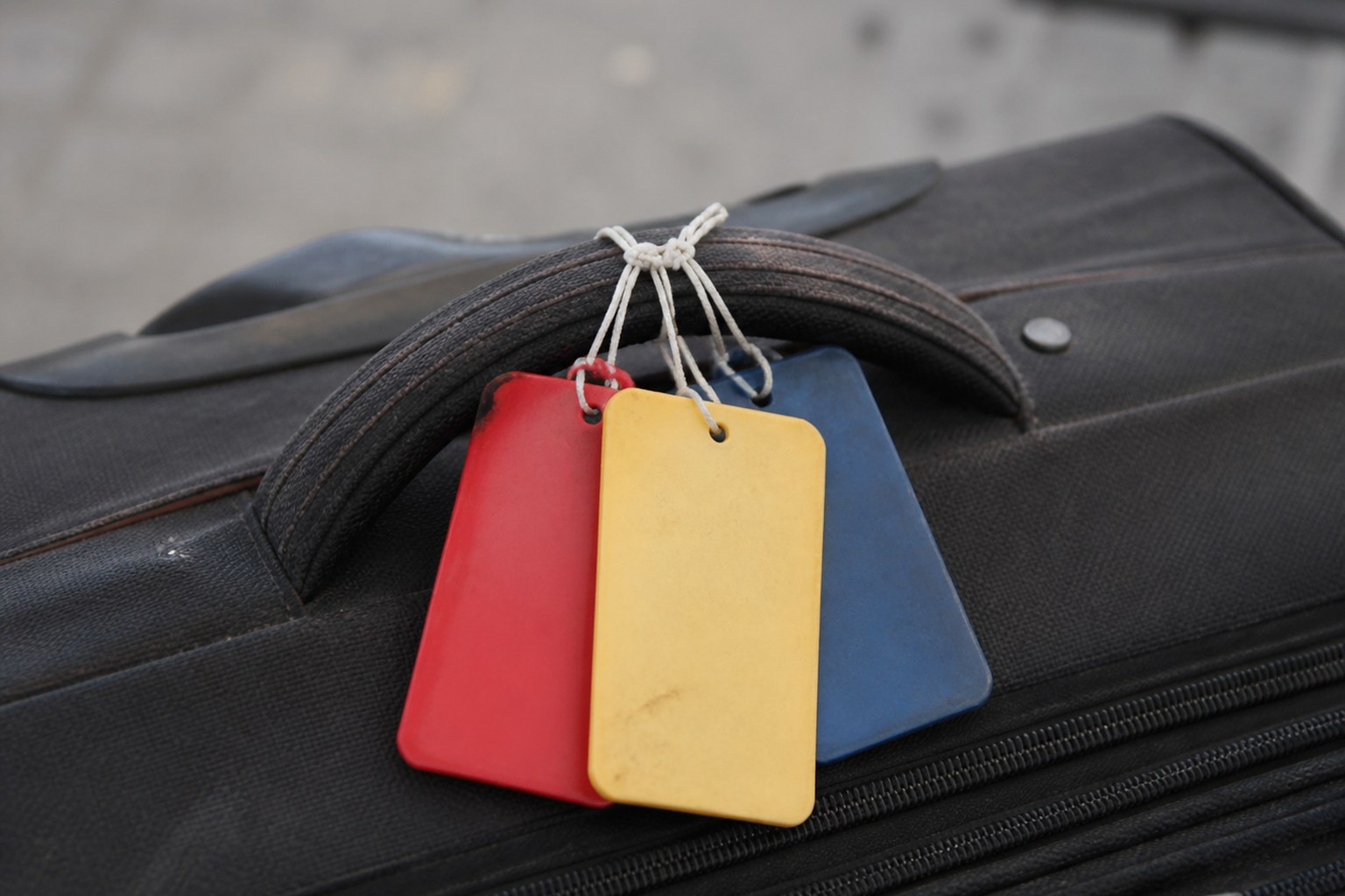 Three luggage tags of different colours tied to a single bag handle