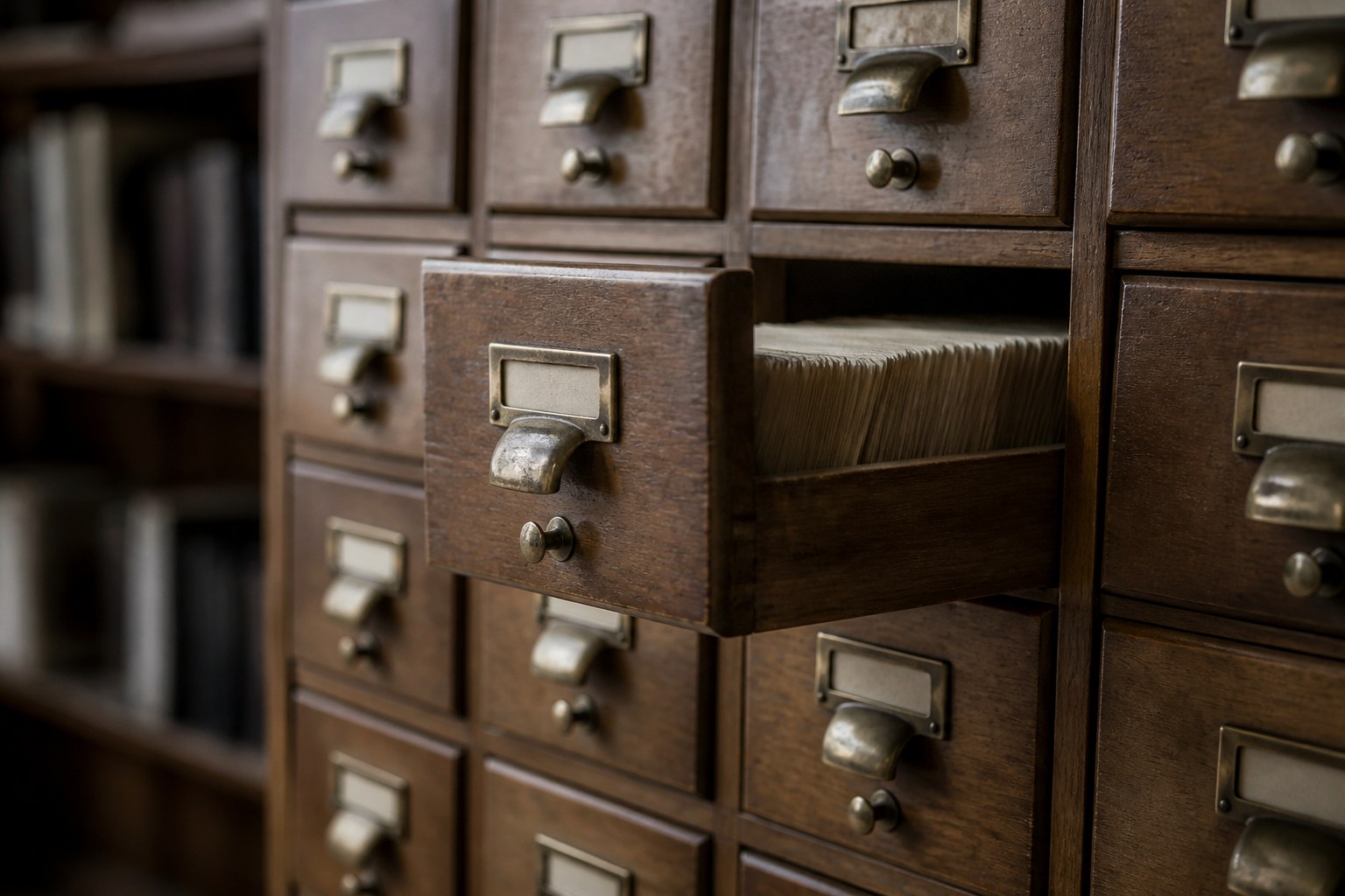 A bank of small wooden library drawers with brass label holders, one drawer standing half open
