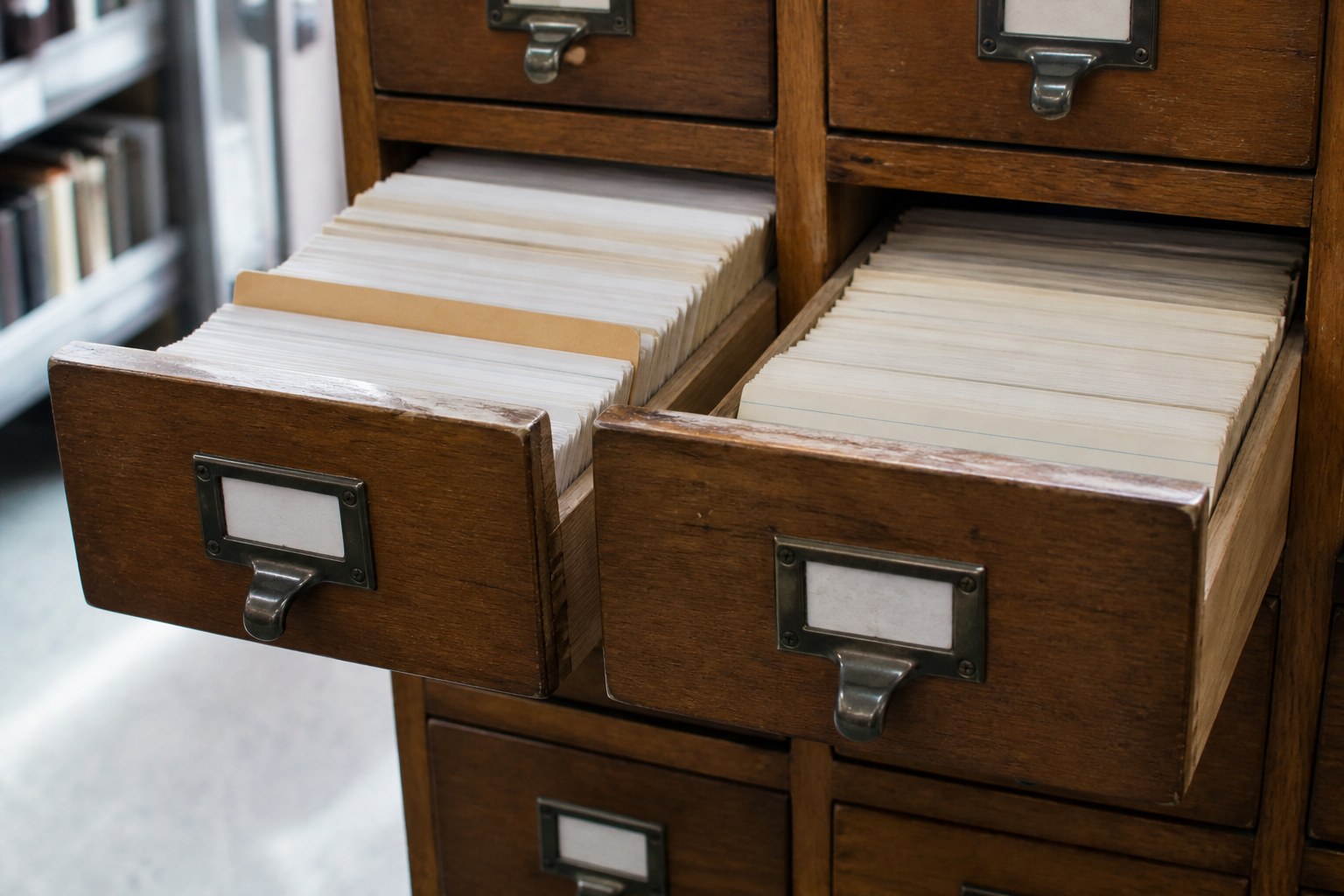 Two card index drawers pulled out side by side from a library cabinet