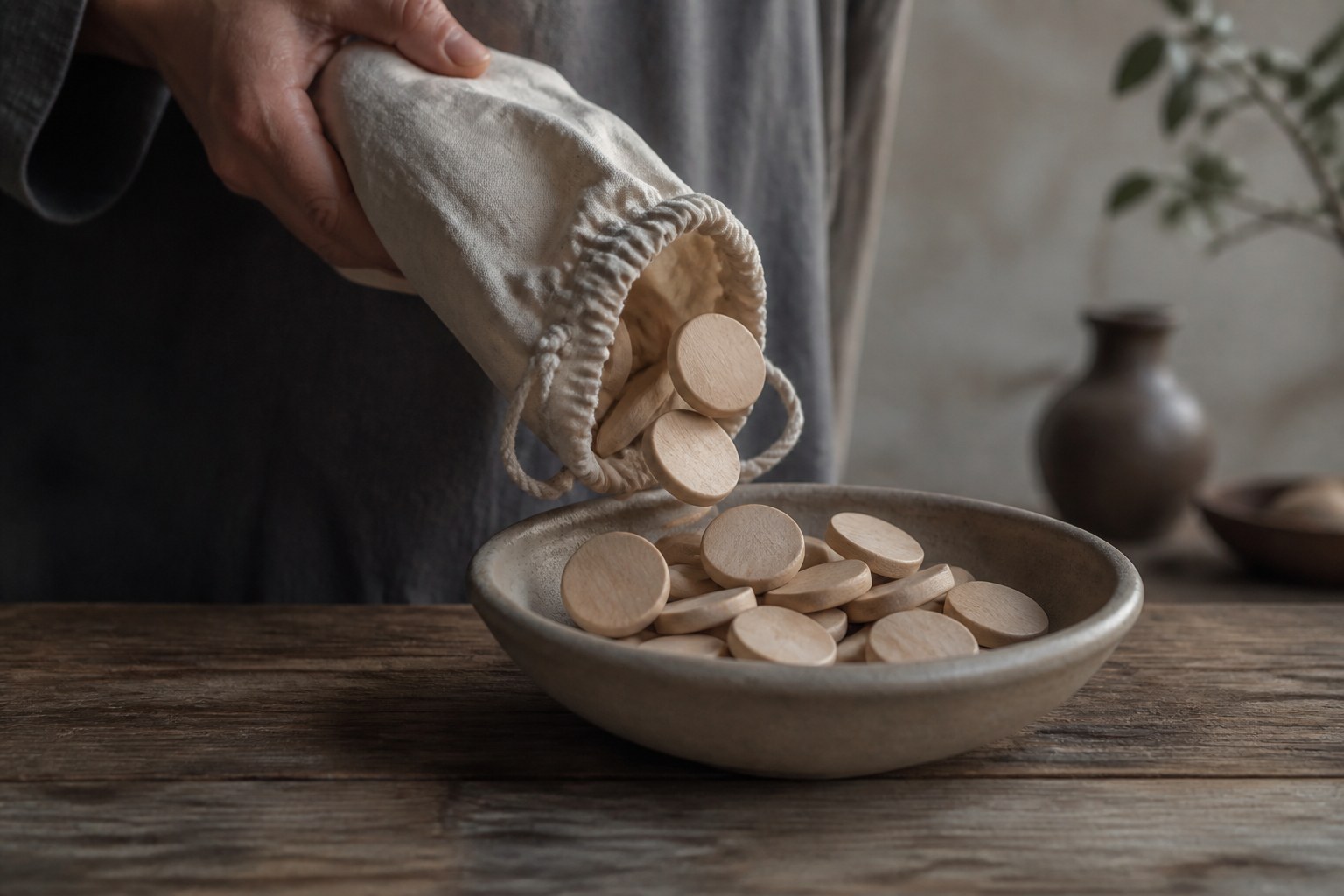 Plain turned wooden tokens tipped out of a cloth bag into a shallow bowl on a table