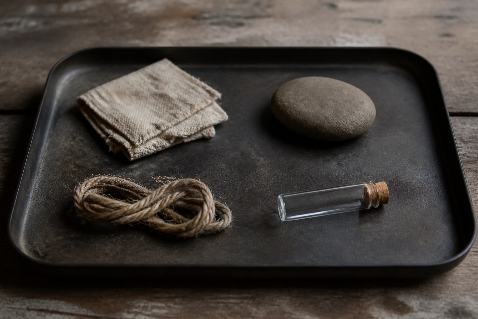 A tray holding four small separated groups of objects: a folded cloth, a stone, a coil of cord, and a glass vial