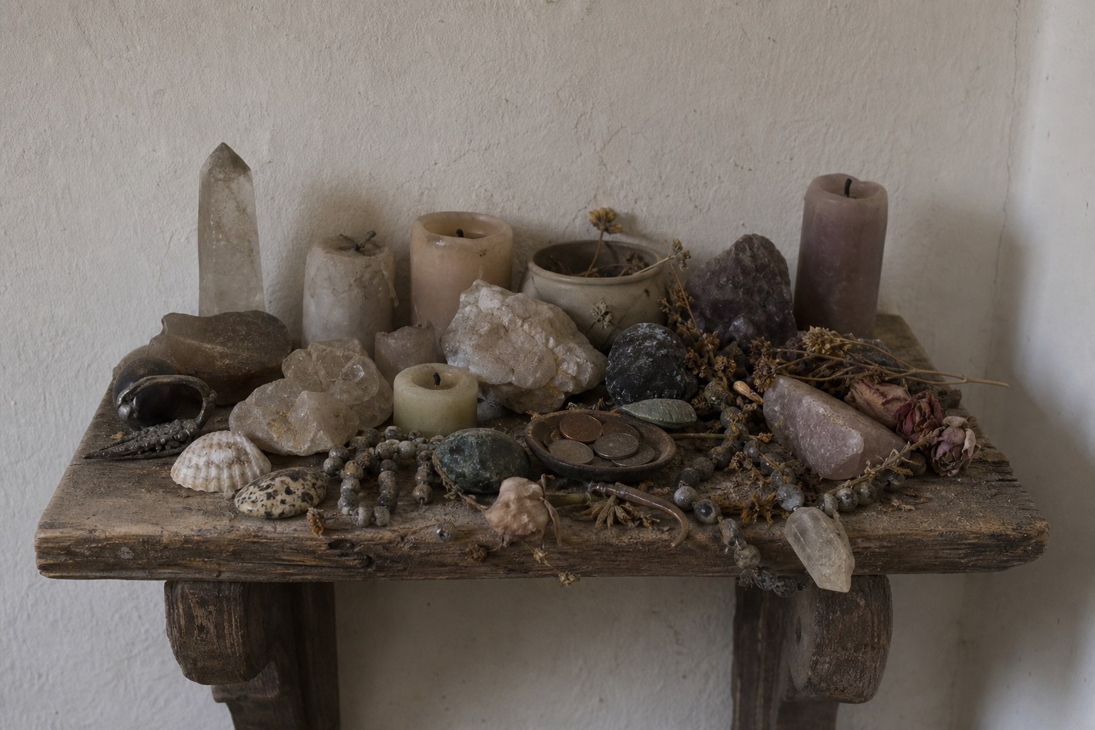The same kind of wooden shelf covered edge to edge with crystals, part-burned candles, shells, beads, dried flowers and a dish of coins, with dust settled between the objects