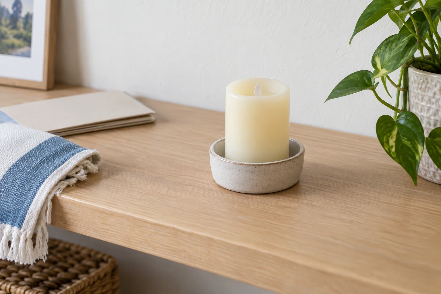 Flameless cream pillar candle in a small ceramic bowl beside folded blue-and-white cloth and a potted plant on a wooden shelf