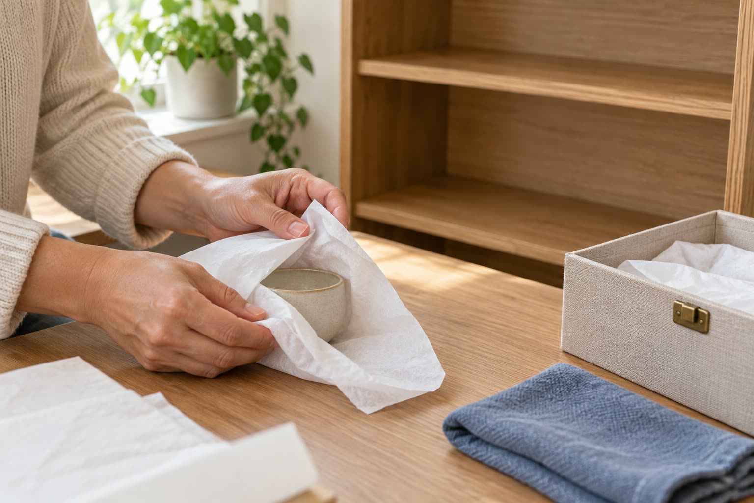 Hands wrapping a small ceramic cup in white tissue beside an open fabric storage box and folded blue cloth