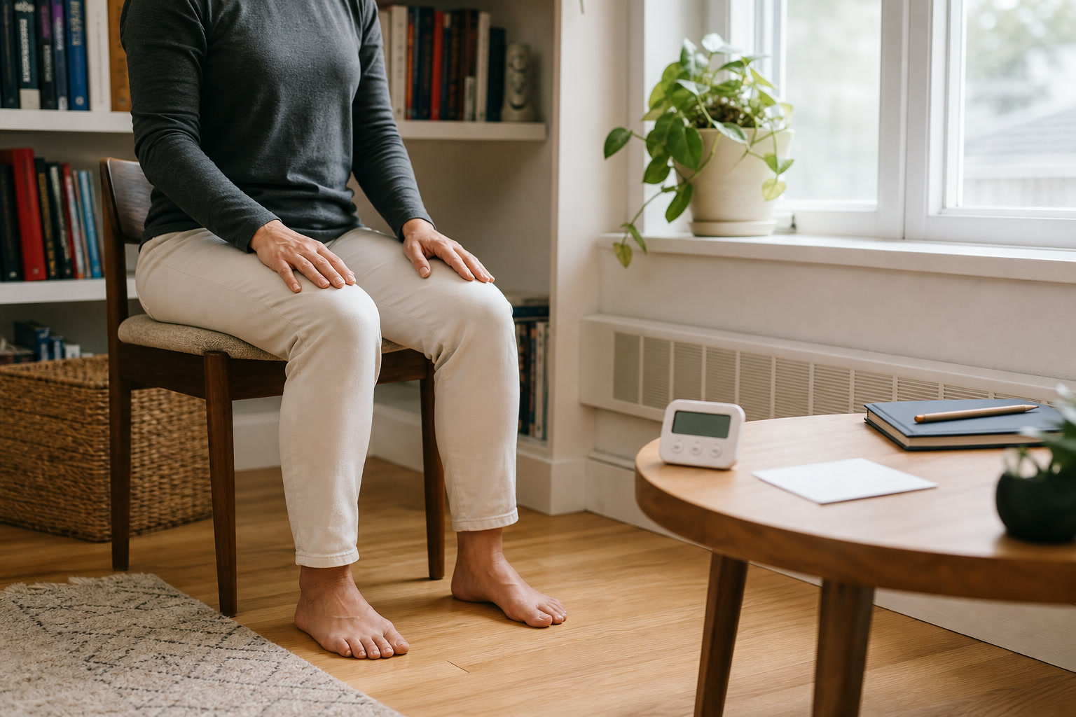 Seated adult with both feet on the floor beside a simple timer and a small blank prayer card