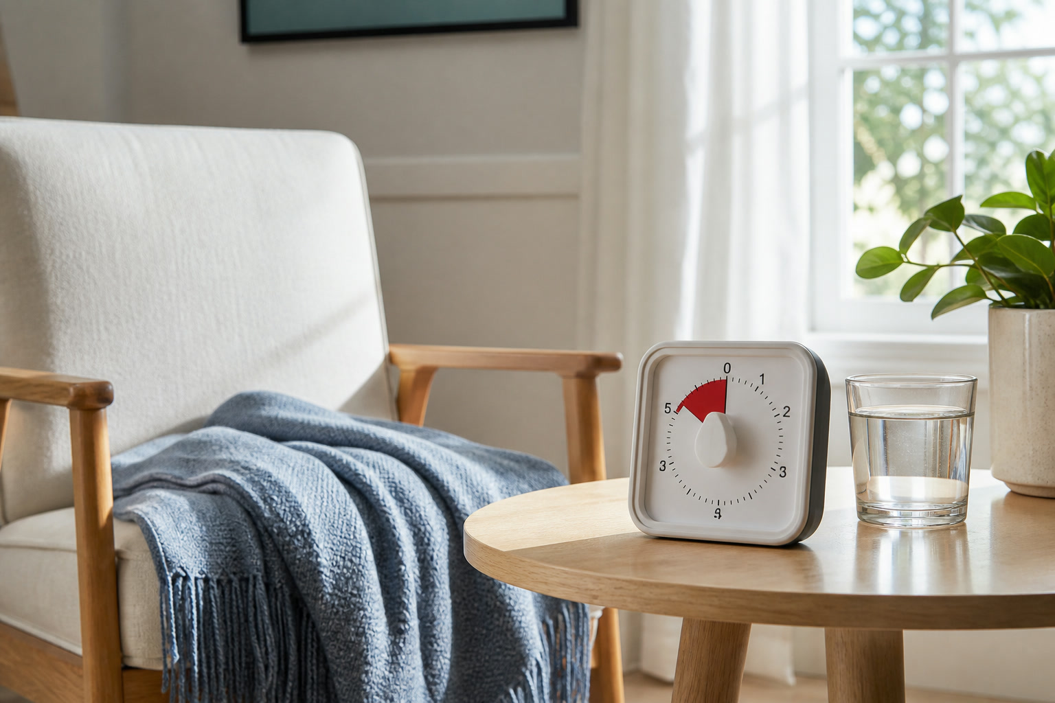 Quiet analog timer beside a chair, folded blanket, and glass of water in daylight