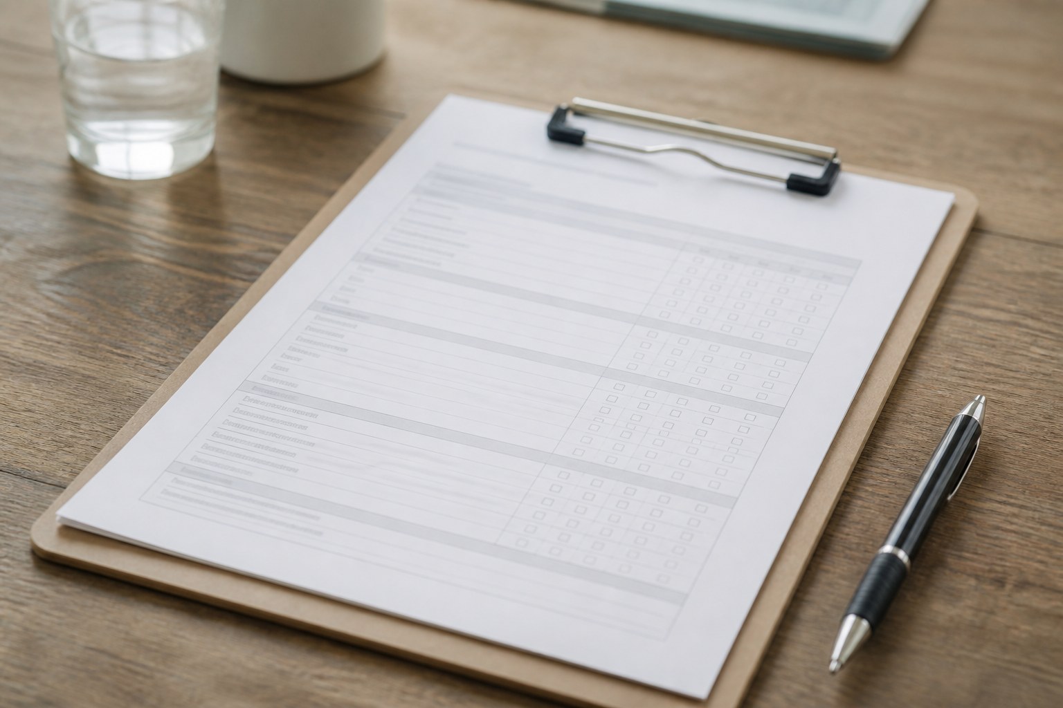 A blank printed questionnaire on a clipboard beside a pen and a glass of water, the ruled boxes empty