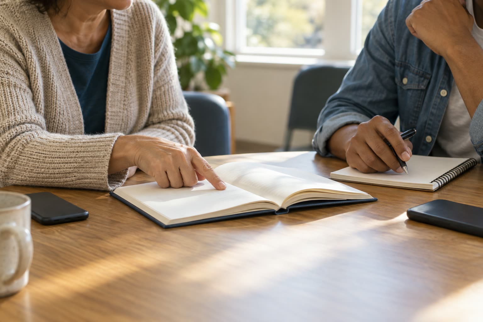 Two people at a wooden table, one pointing to an open notebook while the other writes in a spiral pad