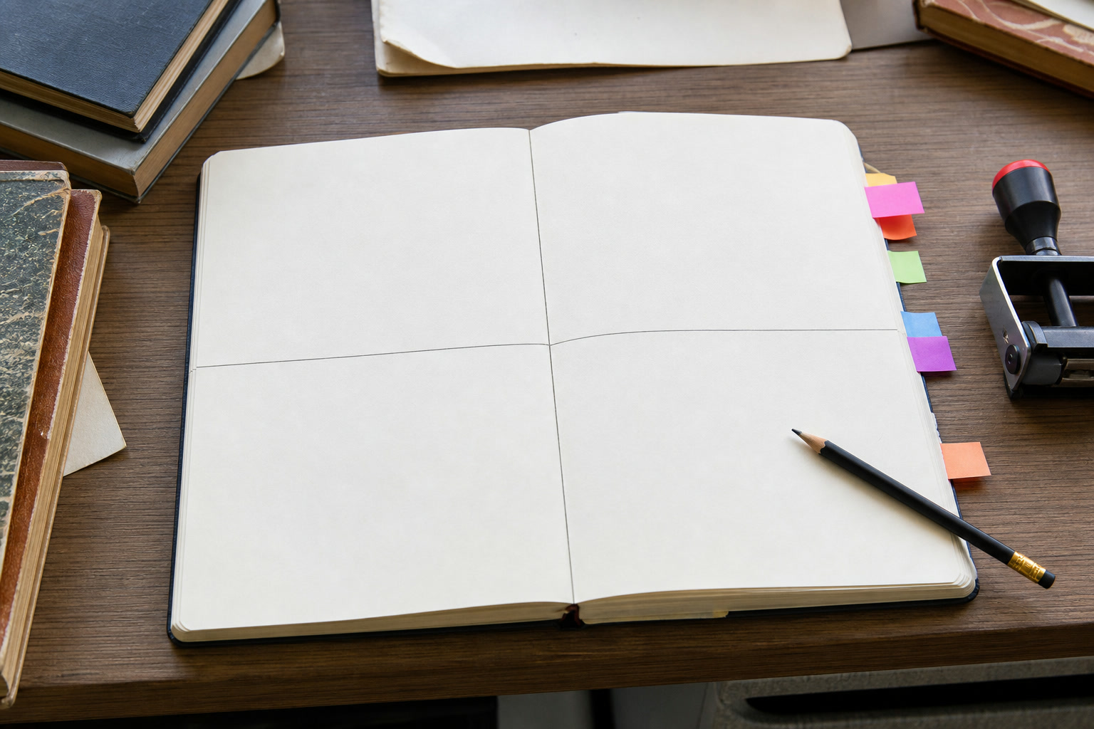 Open notebook divided into four blank labeled areas with a pencil, date stamp, and paper tabs