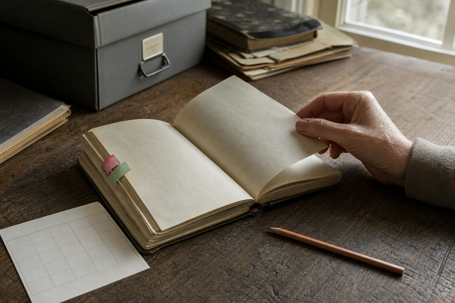 Hand reopening a dated journal beside a calendar card and two differently colored review tabs