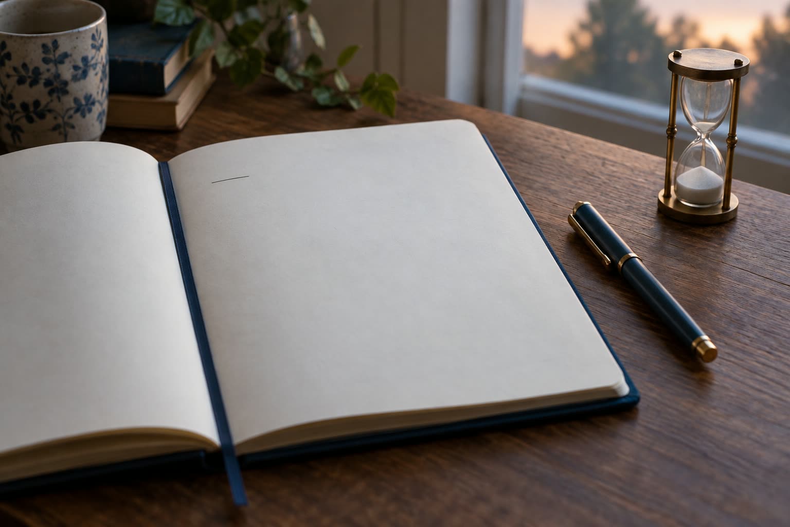 Open blank notebook beside a dark pen and hourglass on a wooden table