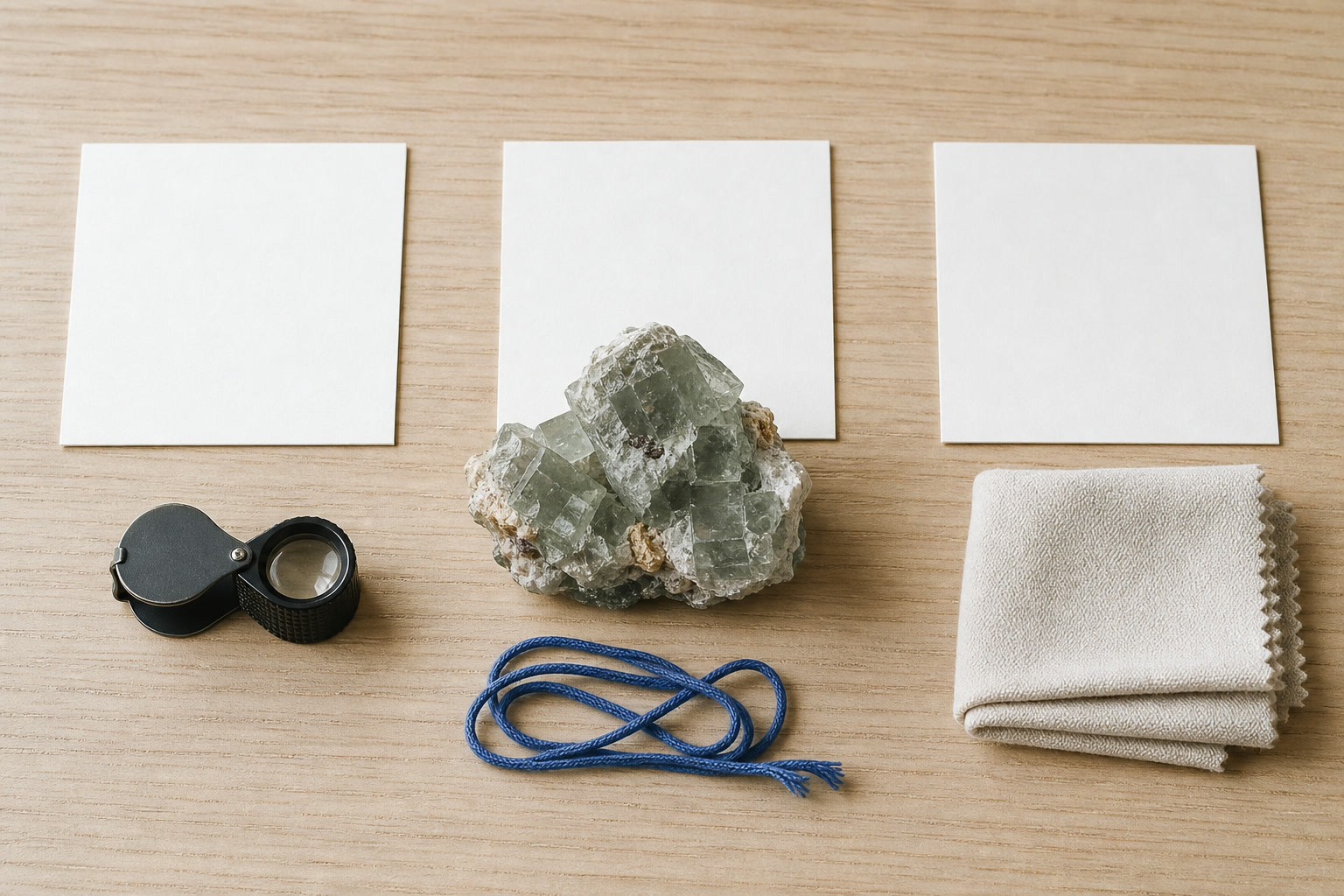 Single mineral specimen beside separate material fact, chosen symbol, and care action cards